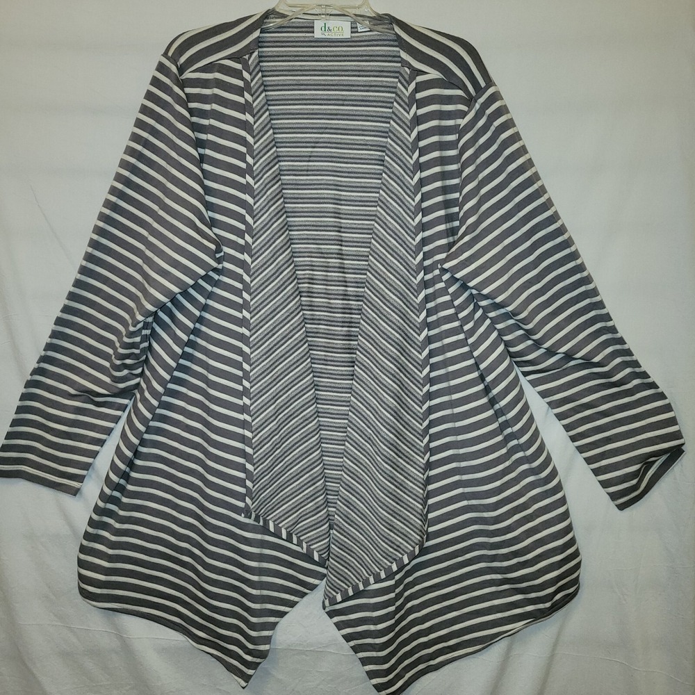 D&CO Active XL Sweater Cardigan‎ Open Front Gray Striped Knit Longsleeve